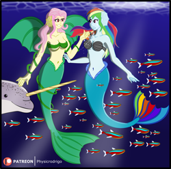 Size: 1600x1578 | Tagged: safe, artist:physicrodrigo, derpibooru import, idw, fluttershy, rainbow dash, fish, mermaid, narwhal, series:equestria mermaids, equestria girls, ponies of dark water, breasts, bubble, corrupted, mermaidized, ocean, species swap, spinoff, underwater, water