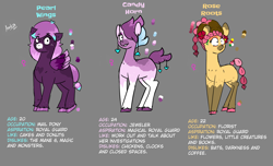 Size: 2300x1400 | Tagged: safe, artist:azulejo, derpibooru import, oc, oc only, earth pony, pegasus, unicorn, earth pony oc, female, horn, mare, pegasus oc, unicorn oc