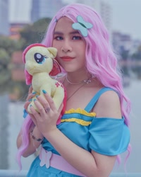 Size: 1080x1350 | Tagged: safe, artist:ryugasamas, derpibooru import, fluttershy, human, equestria girls, clothes, cosplay, costume, irl, irl human, photo, plushie