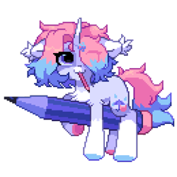 Size: 650x650 | Tagged: safe, artist:astralblues, derpibooru import, oc, oc:astral blues, pony, unicorn, female, mare, mouth hold, pencil, pixel art, simple background, solo, transparent background