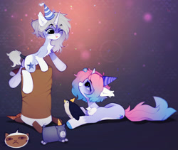 Size: 1280x1081 | Tagged: safe, artist:astralblues, derpibooru import, oc, oc only, oc:astral blues, oc:silver star, bird, penguin, pony, unicorn, female, hat, lying down, mare, party hat, prone