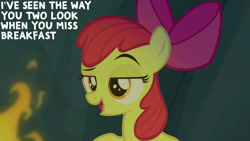 Size: 1280x720 | Tagged: safe, derpibooru import, edit, edited screencap, editor:quoterific, screencap, apple bloom, earth pony, pony, campfire tales, season 7, apple bloom's bow, bow, female, filly, foal, hair bow, open mouth, open smile, smiling, solo