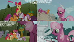 Size: 1280x720 | Tagged: safe, derpibooru import, edit, edited screencap, editor:quoterific, screencap, apple bloom, cheerilee, diamond tiara, discord, scootaloo, silver spoon, snails, snips, sweetie belle, twist, draconequus, earth pony, pegasus, pony, unicorn, season 2, the return of harmony, apple bloom's bow, bow, colt, cutie mark crusaders, female, filly, foal, hair bow, male, mare, open mouth, open smile, smiling, statue