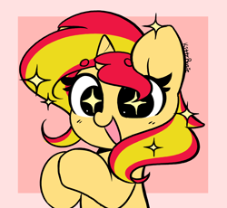 Size: 4272x3931 | Tagged: safe, artist:kittyrosie, derpibooru import, sunset shimmer, pony, unicorn, cute, eyebrows, eyebrows visible through hair, female, high res, mare, open mouth, open smile, pink background, shimmerbetes, simple background, smiling, solo, sparkles, sparkly eyes, wingding eyes