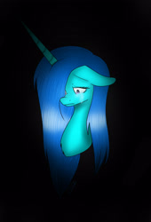 Size: 1898x2787 | Tagged: safe, artist:maneblue, derpibooru import, oc, oc only, pony, unicorn, black background, bust, female, frown, hair over one eye, horn, mare, simple background, solo, unicorn oc