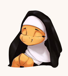 Size: 1953x2163 | Tagged: safe, artist:aquaticvibes, derpibooru import, applejack, earth pony, pony, bust, clothes, cute, eyes closed, female, freckles, habit, hooves together, jackabetes, mare, nun, nun applejack, praying, simple background, smiling, solo, white background