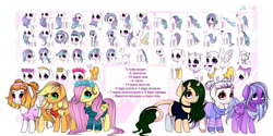 Size: 2500x1250 | Tagged: safe, artist:ponsel, derpibooru import, applejack, fluttershy, oc, earth pony, pegasus, pony, unicorn, base, clothes, horn, unicorn oc, wings