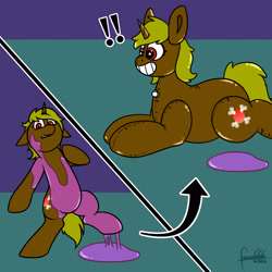 Size: 3000x3000 | Tagged: safe, artist:foxxo666, derpibooru import, oc, oc:funny bones, inflatable pony, comic, commission, ears, exclamation point, floppy ears, forced smile, grin, high res, inanimate tf, inflatable, liquid latex, lying down, pool toy, prone, shocked, smiling, standing, standing on one leg, transformation, wingding eyes