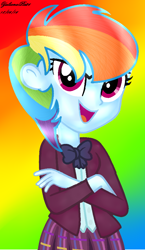 Size: 580x1002 | Tagged: safe, artist:yulianapie26, derpibooru import, rainbow dash, equestria girls, abstract background, base used, bust, clothes, clothes swap, crossed arms, crystal prep academy uniform, eyelashes, female, school uniform, smiling, solo