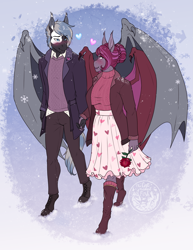 Size: 2463x3191 | Tagged: safe, artist:askbubblelee, oc, oc only, oc:ellis blu, oc:magenta scroll, anthro, bat pony, unguligrade anthro, anthro oc, bat pony oc, blushing, boots, clothes, coat, commission, couple, digital art, dress, fangs, female, flower, hair bun, happy, hearts and hooves day, holding hands, holiday, husband and wife, jacket, jewelry, looking at each other, looking at someone, male, mare, married, married couple, oc x oc, pants, ring, rose, shipping, shoes, slit eyes, smiling, snow, snowfall, stallion, straight, sweater, valentine's day, wedding ring