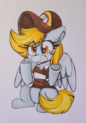 Size: 1438x2048 | Tagged: safe, artist:littleblackraencloud, derpibooru import, derpy hooves, pegasus, pony, cap, clothes, hat, mailmare, solo, traditional art