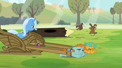 Size: 1280x720 | Tagged: safe, derpibooru import, screencap, snails, snips, trixie, beaver, pony, unicorn, magic duel, alicorn amulet, apple, apple tree, female, mare, tree