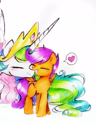 Size: 2534x3295 | Tagged: safe, artist:liaaqila, derpibooru import, princess celestia, scootaloo, alicorn, pegasus, pony, crown, cute, cutealoo, cutelestia, eyes closed, female, filly, foal, heart, horn, jewelry, long horn, mare, momlestia fuel, nuzzling, regalia, scootalove, simple background, smiling, sweet dreams fuel, traditional art, white background