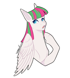 Size: 1000x1100 | Tagged: safe, artist:purplegrim40, derpibooru import, blossomforth, pegasus, pony, bust, female, looking at you, mare, open mouth, portrait, simple background, solo, white background