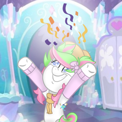 Size: 1280x1280 | Tagged: safe, artist:dazzle_ribbon, derpibooru import, oc, oc:rosie crystal hoove, earth pony, pony, clothes, crystal, crystal empire, female, happy, room, scarf, smiling, solo