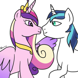 Size: 1024x1024 | Tagged: safe, artist:wrath-marionphauna, derpibooru import, princess cadance, shining armor, alicorn, unicorn, crown, digital art, female, jewelry, looking at each other, looking at someone, male, regalia, shiningcadance, shipping, simple background, smiling, smiling at each other, straight, transparent background, wing hands, wings