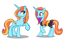 Size: 1280x960 | Tagged: safe, artist:lil' pegasus, derpibooru import, fleur-de-lis, sassy saddles, pony, unicorn, duo, duo female, eyeshadow, female, frown, full body, grin, hooves, horn, lidded eyes, makeup, mare, raised hoof, raised leg, recolor, shadow, simple background, smiling, standing, surprised, tail, transparent background, two toned mane, two toned tail