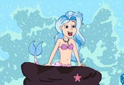 Size: 1653x1137 | Tagged: safe, artist:ocean lover, derpibooru import, silverstream, human, mermaid, belly button, bra, cute, diastreamies, disney, disney style, fish tail, humanized, jewelry, lips, mermaid tail, mermaidized, midriff, necklace, ocean, open mouth, part of your world, pearl necklace, purple eyes, reference, rock, seashell bra, singing, species swap, splashing, starfish, tail, the little mermaid, underwear, water, wave