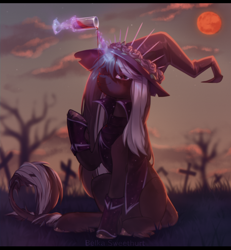 Size: 2034x2200 | Tagged: safe, artist:anku, derpibooru import, oc, pony, unicorn, blood moon, clothes, cuffs (clothes), dead tree, dusk, glass, graveyard, hat, hooves, leonine tail, magic, moon, pouring, sitting, smiling, smirk, tail, tree, unshorn fetlocks, wine glass, witch hat