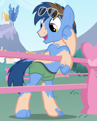 Size: 1045x1298 | Tagged: safe, artist:anonymous, derpibooru import, blues, noteworthy, earth pony, human, pony, clothes, eye color change, fence, human to pony, pants, shorts, show accurate, solo, species swap, sunglasses, sunglasses on head, transformation