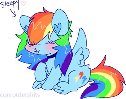 Size: 633x499 | Tagged: safe, artist:computershits, derpibooru import, rainbow dash, pegasus, alternate cutie mark, arrow, blushing, choker, eyes closed, female, raised hoof, raised leg, simple background, sitting, sleepy, solo, spread wings, text, watermark, white background, wings