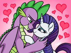 Size: 1920x1440 | Tagged: safe, artist:melspyrose, derpibooru import, rarity, spike, dragon, pony, unicorn, dragon x pony, duo, fangs, female, heart, interspecies, looking at each other, looking at someone, male, mare, shipping, smiling, smiling at each other, sparity, straight, winged spike, wings