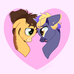 Size: 2048x2048 | Tagged: safe, artist:meowfactor, derpibooru import, oc, oc only, oc:golden russet, oc:lightning bolt spectrum, earth pony, pegasus, pony, coat markings, commission, cute, duo, ear piercing, earring, freckles, gay, heart, holiday, jewelry, lip piercing, looking at each other, looking at someone, male, multicolored hair, nonbinary, oc x oc, offspring, open mouth, parent:applejack, parent:caramel, parent:rainbow dash, parent:soarin', parents:carajack, parents:soarindash, piercing, shipping, stallion, stubble, valentine's day, ych result