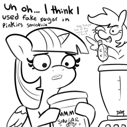 Size: 1440x1440 | Tagged: safe, artist:tjpones, derpibooru import, rainbow dash, twilight sparkle, twilight sparkle (alicorn), alicorn, pegasus, pony, tortoise, black and white, blender (object), dialogue, duo, fake sugar, female, grayscale, implied cocaine, implied pinkie pie, mare, monochrome, simple background, white background