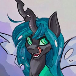 Size: 1517x1514 | Tagged: safe, artist:kapusta123, derpibooru import, queen chrysalis, changeling, changeling queen, bust, licking, licking lips, looking back, open mouth, portrait, solo, tongue, tongue out, wings