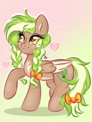 Size: 768x1024 | Tagged: safe, artist:cstrawberrymilk, derpibooru import, oc, oc only, oc:sylvia evergreen, pegasus, pony, art trade, blushing, braided pigtails, female, freckles, gradient background, hair tie, heart, mare, pegasus oc, solo, twin braids, wings