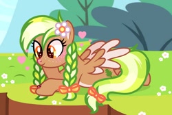 Size: 1610x1080 | Tagged: safe, artist:cstrawberrymilk, derpibooru import, oc, oc only, oc:sylvia evergreen, insect, ladybug, pegasus, pony, blushing, braided pigtails, female, flower, flower in hair, freckles, hair tie, heart, lying down, pegasus oc, solo, wings