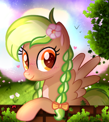 Size: 1080x1208 | Tagged: safe, artist:cstrawberrymilk, derpibooru import, oc, oc only, oc:sylvia evergreen, pegasus, pony, blushing, braided pigtails, female, flower, flower in hair, freckles, hair tie, heart, looking at you, pegasus oc, solo, wings