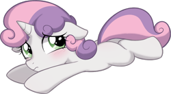 Size: 1576x866 | Tagged: safe, artist:pestil, sweetie belle, pony, unicorn, blushing, cute, female, filly, foal, looking sideways, looking to side, looking to the right, looking up, prone, sad, sadorable, simple background, solo, transparent background