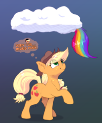 Size: 2042x2470 | Tagged: safe, artist:xbi, derpibooru import, applejack, rainbow dash, earth pony, pegasus, pony, ..., applejack's hat, blonde, blonde mane, blonde tail, captain obvious, clothes, cloud, cowboy hat, cute, dialogue, duo, duo female, ear fluff, ears, eye clipping through hair, female, females only, freckles, gradient background, hat, high res, hooves, jackabetes, looking up, mare, multicolored tail, orange coat, raised hoof, raised leg, shadow, signature, smiling, standing, tail, thinking, thought bubble