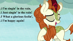 Size: 1280x720 | Tagged: safe, derpibooru import, edit, edited screencap, screencap, autumn blaze, kirin, sounds of silence, awwtumn blaze, cute, eyes closed, gene kelly, lyrics, rain, singing in the rain, song reference, text