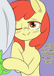 Size: 1066x1491 | Tagged: safe, artist:happy harvey, derpibooru import, apple bloom, oc, oc:anon, earth pony, pony, adorabloom, bed, blanket, blushing, bronybait, cute, drawn on phone, drawthread, ear fluff, ears, female, filly, foal, holding hands, holding hooves, looking at you, lying down, offscreen character, on side, one eye closed, pillow, ponified, pov