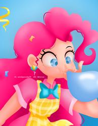 Size: 4277x5500 | Tagged: safe, artist:wenraz, derpibooru import, pinkie pie, human, absurd resolution, apron, balloon, blowing up balloons, blue background, bow, bowtie, clothes, cute, diapinkes, ear piercing, earring, female, humanized, jewelry, piercing, shirt, simple background, skirt, solo, t-shirt