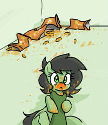 Size: 585x681 | Tagged: dead source, safe, artist:plunger, derpibooru import, oc, oc only, oc:anon filly, earth pony, human, pony, :<, caught, cheetos, cute, female, filly, foal, food, food on face, imminent punishment, looking at you, lying down, mare, offscreen character, offscreen human, on back, this will not end well