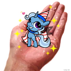 Size: 980x980 | Tagged: safe, artist:.mao, artist:sechst_himmel, derpibooru import, trixie, pony, unicorn, 2013, bipedal, cape, clothes, glasses, hand, hat, heart, holding, holding a pony, in goliath's palm, oakatrixie, osaka trixie, pixiv, simple background, size difference, sparkles, white background