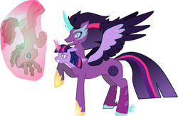 Size: 500x325 | Tagged: artist needed, source needed, useless source url, safe, derpibooru import, midnight sparkle, timber spruce, twilight sparkle, twilight sparkle (alicorn), alicorn, earth pony, pony, equestria girls, excited, fusion, magic, magic aura, multiple heads, sheepish grin, telekinesis, two heads, we have become one, worried