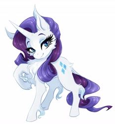 Size: 3799x4096 | Tagged: safe, artist:myskit2, derpibooru import, rarity, pony, unicorn, chest fluff, curved horn, cute, dock, horn, lidded eyes, looking at you, raribetes, simple background, solo, tail, white background