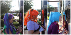 Size: 3461x1732 | Tagged: safe, artist:high-maintenance, derpibooru import, adagio dazzle, aria blaze, sonata dusk, human, equestria girls, bronycon, bronycon 2015, clothes, cosplay, costume, disguise, disguised siren, fingerless gloves, gloves, irl, irl human, photo, reflection, the dazzlings