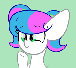 Size: 718x644 | Tagged: safe, artist:sugarcloud12, derpibooru import, oc, oc:sugar cloud, pony, alternate hairstyle, bust, female, green background, mare, pigtails, portrait, simple background, solo