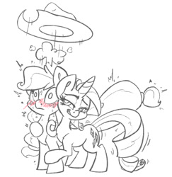 Size: 1024x1055 | Tagged: safe, artist:leadhooves, derpibooru import, applejack, rarity, earth pony, pony, unicorn, applejack's hat, black and white, clothes, cowboy hat, female, grayscale, hat, hoof around neck, lesbian, lineart, mare, monochrome, neo noir, partial color, rarijack, shipping, simple background, white background