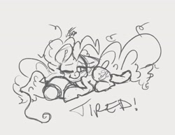 Size: 3300x2550 | Tagged: safe, artist:leadhooves, derpibooru import, pinkie pie, earth pony, pony, female, grayscale, lying down, mare, messy mane, monochrome, one eye closed, pillow, prone, sketch, solo