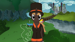 Size: 1919x1079 | Tagged: safe, derpibooru import, oc, oc only, oc:private eye, pony, unicorn, ace attorney, clothes, elements of justice, hat, male, professor layton, stallion, top hat, turnabout storm