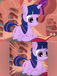 Size: 1500x2000 | Tagged: safe, artist:snk, derpibooru import, twilight sparkle, unicorn twilight, pony, unicorn, 2 panel comic, book, comic, female, golden oaks library, lying down, mare, prone, reading, smiling, solo, zoomed in