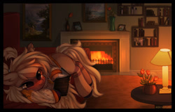 Size: 1280x824 | Tagged: safe, artist:astralblues, derpibooru import, oc, earth pony, pony, book, clothes, female, fireplace, flower, lamp, mare, solo, sweater