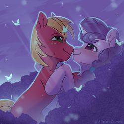 Size: 3300x3300 | Tagged: safe, artist:auroracursed, derpibooru import, big macintosh, sugar belle, butterfly, earth pony, pony, unicorn, couple, eye contact, female, flower, looking at each other, male, mare, night, noseboop, nuzzling, romantic, rose, shipping, smiling, smiling at each other, stallion, straight, sugarmac