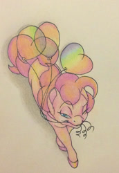 Size: 881x1277 | Tagged: safe, artist:razledazle, derpibooru import, pinkie pie, earth pony, pony, balloon, mouth hold, solo, traditional art